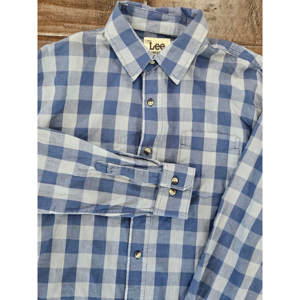 Western lightweight Mens Blue Buffalo Plaid Button Down Shirt L Long Sleeve